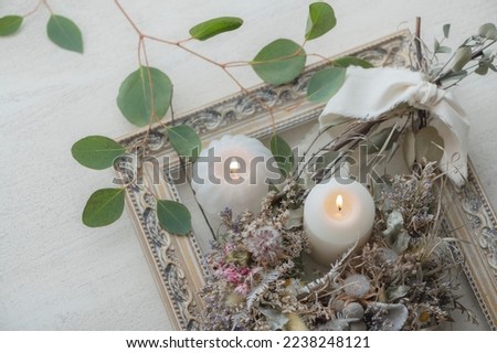 Dried Flowers Wreath and Candles.White Background