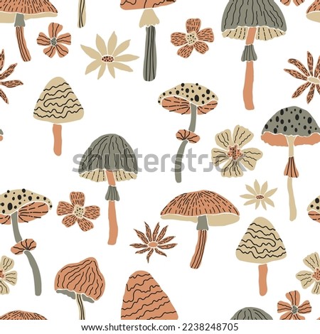 Creative vector seamless pattern with hand drawn mushrooms and flowers on white background. Modern trendy mushroom bloom endless tile in cartoon style. 60s textile design. Boho doodle clipart. Royalty-Free Stock Photo #2238248705