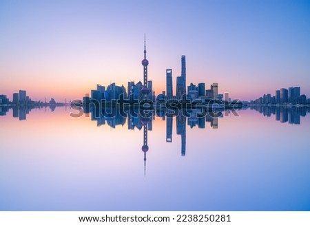 skyline of Shanghai financial district buildings, and Huangpu river in the morning