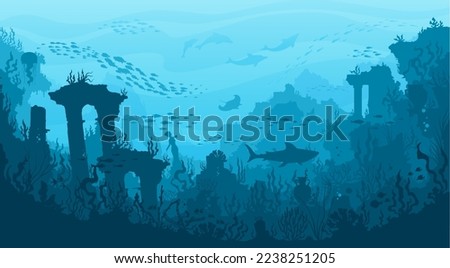 Underwater landscape, ancient city columns and temples, shark, manta and fish, vector sea background. Ocean deep water or undersea world with drowned Atlantis city ruins and coral reef silhouette Royalty-Free Stock Photo #2238251205