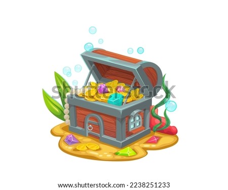 Underwater treasure chest house building. Vector creative fantasy dwelling, cartoon mermaid or fairy home inside of trunk with golden coins, gemstones and jewelry on ocean floor with sand and seaweeds