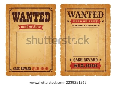 Western wanted, dead or alive vintage banner. Wild West criminal or outlaw wanted reward grunge vector poster. America Texas robber hunt vector paper banner with retro typography, old paper texture Royalty-Free Stock Photo #2238251263
