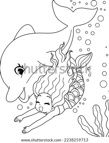 Beauty cute mermaid swimming with a dolphin. Coloring book page for children with colorful template. Vector cartoon illustration. For kid,vector illustration isolated on white background.