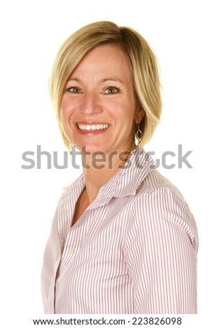 Beautiful blonde woman wearing business casual clothes on a white background