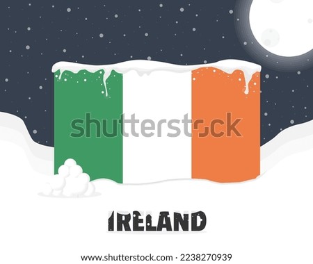 Ireland snowy weather concept, cold weather and snowfall, Ireland weather forecast winter banner idea, snow cap on flag with snowballs and moon, blizzard and adverse weather conditions