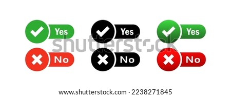 Button flat icon set. Yes, No, Enable, Disable, Toggle, Slider, Color, Deny, Allow, Red, Black, Green. Technology concept. Vector flat icon set on a white background