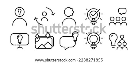 People line icon set. Idea, speech bubble, picture, person, thoughts, conference, discussion, development, tactics, work, goals, innovation, help, student. business concept. Vector black line icon set