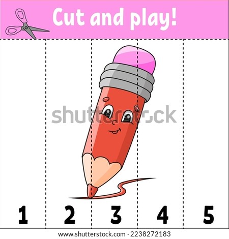 Learning numbers 1-5. Cut and play. Education worksheet. Game for kids. Color activity page. Puzzle for children. Riddle for preschool. Cartoon style. Vector illustration.
