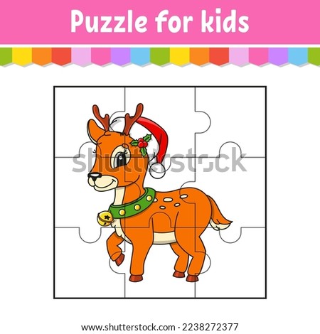 Puzzle game for kids. Jigsaw pieces. Color worksheet. Christmas theme. Activity page. Isolated vector illustration. cartoon style.