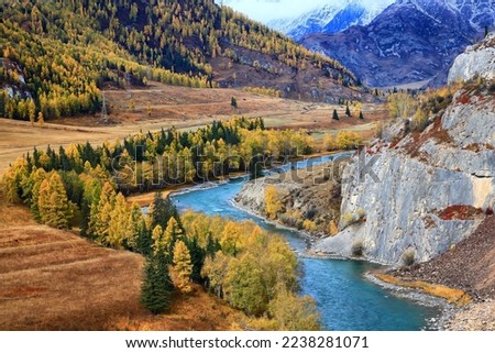 Altai mountain river landscape, panoramic scenery turquoise stream Royalty-Free Stock Photo #2238281071