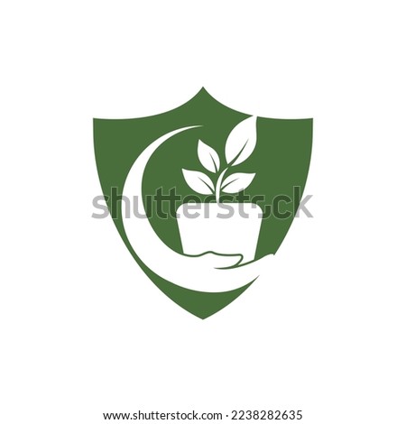 Flower pot in hand vector logo design. Garden care logo design concept.