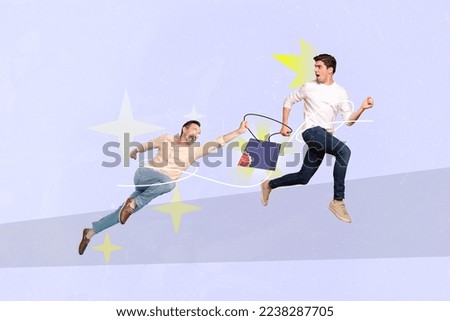 Creative abstract template graphics image of funny senior guy tacking away shopper another man isolated drawing background