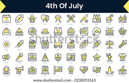 Set of simple outline 4th of july Icons. Line art icon with Yellow shadow. Vector illustration