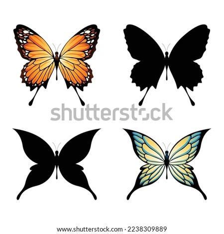 Orange, Yellow, Blue and Black Butterflies isolated on a White Background