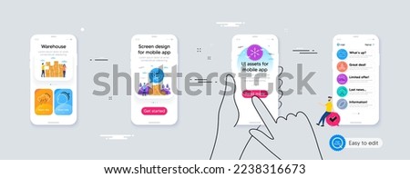 Outline set of Mountain flag, Snow weather and Cocoa nut line icons for web application. Phone ui interface. Include Rainy weather, Acorn, Fair trade icons. Vector