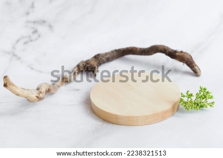Empty round podium wooden material white background. Product presentation with fresh green plant 