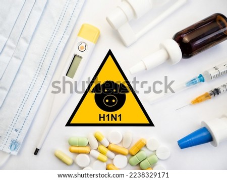 H1N1 swine flu virus. Sign with danger sign and pig. Medicines for treatment on a white background. Virus, epidemic, disease. Medicine concept.