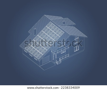 Contemporary  suburban house  with roof solar panels. Isolated 3D vector. Blueprint.