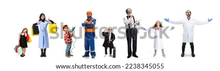 Set of different people of different professions standing in a line on white background. Shopaholic, builder, businessman, professor, teacher, doctor, scientist. Adults and kids. Concept of occupation
