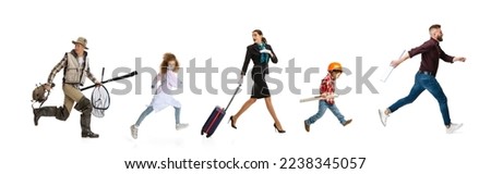 Collage. Set of different people of different professions and hobby running in a line over white background. Models in image of fisherman, doctor, stewardess, builder, architect. Concept of occupation