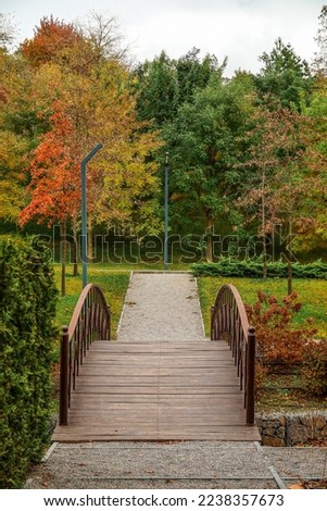 View of autumn park with wooden bridge and trees