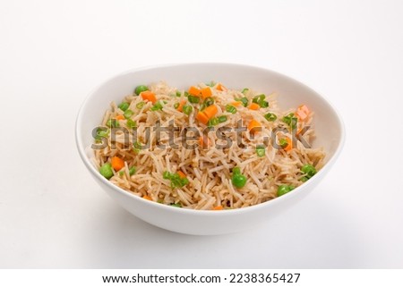 Veg fried rice dish, Chinese cuisine pictures, isolated on white background.