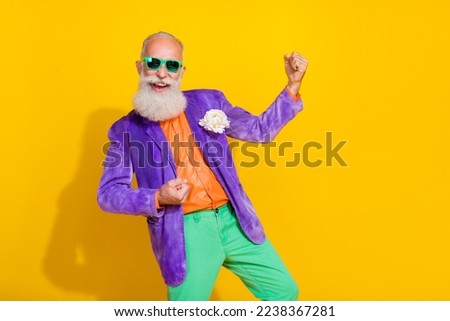 Photo of aged man triumphant raise fist up win millionaire lottery isolated on shine color background Royalty-Free Stock Photo #2238367281