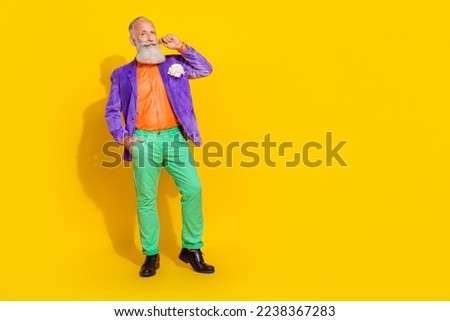 Full length photo of nice grandparent touch mustache bachelorette party dressed stylish colorful look isolated on yellow color background