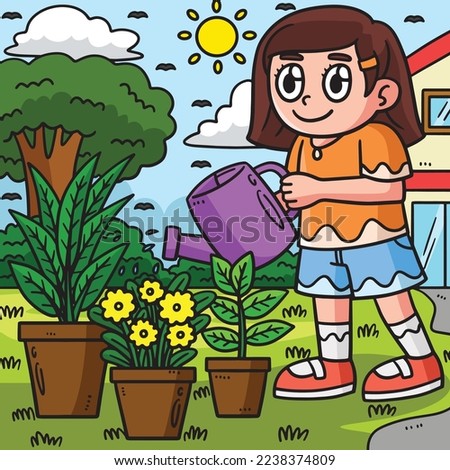 Earth Day Girl Watering Plants Colored Cartoon 