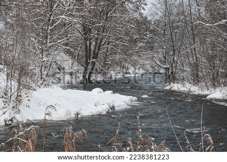 Winter river in snow nature photography, forest landscape