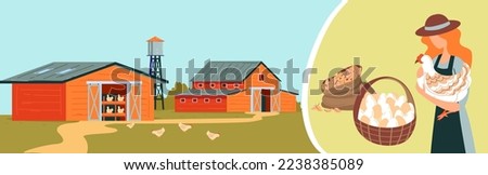 Farm chicken, girl holding chicken, basket eggs, poultry farm buildings countryside , design, cartoon style vector illustration.