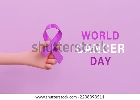 3d hand holding lavender purple ribbon. World Cancer Day concept, February 4. Raise awareness, prevention, detection, treatment. Icon design for poster and banner. Vector illustration isolated