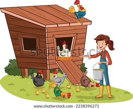 Cartoon girl feeding chickens and roosters. Henhouse with poultry. Farm worker woman. Royalty-Free Stock Photo #2238396271