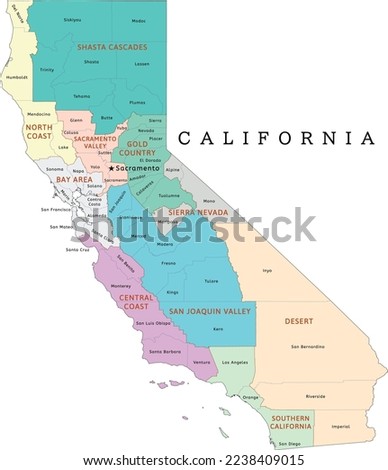 California state regions map with counties. Colored. Vectored Royalty-Free Stock Photo #2238409015
