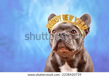 French Bulldog dog wearing New Year's Eve party celebration headband with text 'Happy new year' in front of blue background Royalty-Free Stock Photo #2238420739