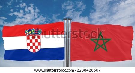 Waving flags of Croatia and Morocco on a background of clouds. Flags of two countries. Quality picture.