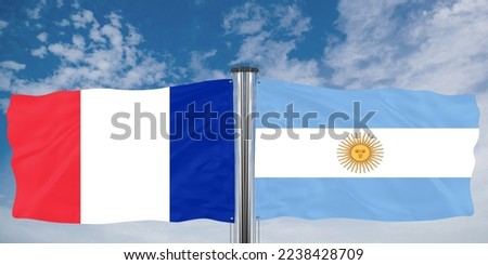 Waving flags of France and Argentina on a background of clouds. Flags of two countries. Quality picture.