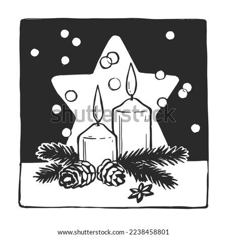 Vector hand-drawn illustration of candles with fir branches. Black and white sketch of Christmas decorations.