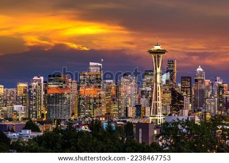 Panoramic view of Seattle cityscape  at night, Washington, USA