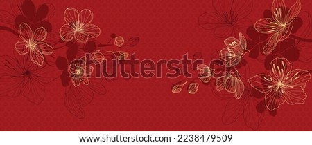 Happy Chinese new year luxury style pattern background vector. Oriental sakura flower gold line art texture on red background. Design illustration for wallpaper, card, poster, packaging, advertising. Royalty-Free Stock Photo #2238479509