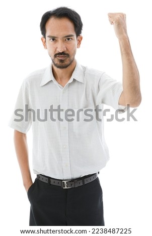 Portrait isolated cutout studio shot of Asian happy bearded and frontal baldness male businessman standing smiling look at camera holding hand up on white background.