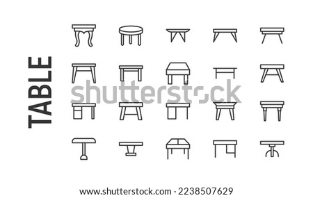 Vector set of table thin line icons. Design of 20 stroke pictograms. Signs of table isolated on a white background.