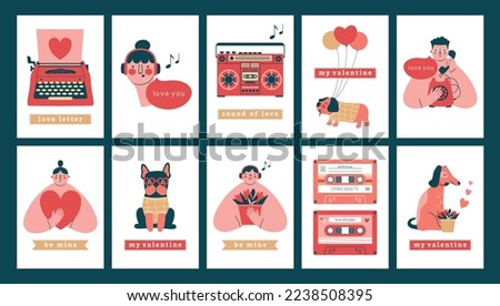 Collection of Valentine's Day cards with cute kawaii illustrations of woman, man, dog, boombox, typewriter, cassette, telephone, air balloons. Vector characters with text, labels in modern flat style.