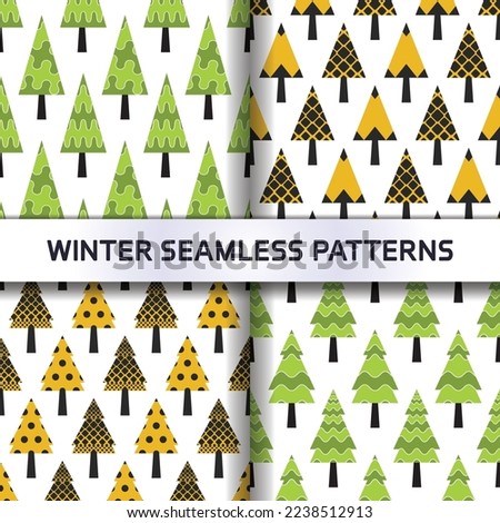 Winter geometric spruce tree seamless pattern in variety shapes. CMYK color mode ready to print.