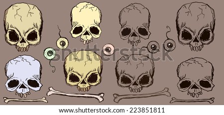Set of colorful Gothic hand drawn vintage skulls, bones and eyes for Halloween design