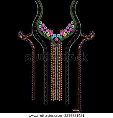 A beautiful embroidery neckline design with geometrical ornaments for digital and textile print on fabric