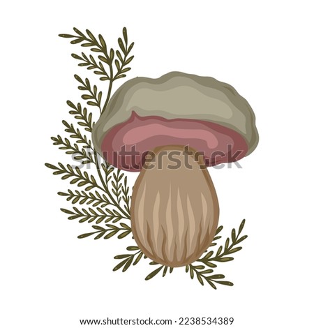 Illustration of cartoon poisonous mushroom with fern stems on white background. Vector forest boletus with herbal decoration. Botanical clipart for card and banner. Drawing of dangerous grebe