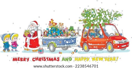 Merry Christmas and happy New Year card with Santa Claus giving to little children his holiday gifts from a car trailer full of colorful presents, sweets and toys, vector cartoon