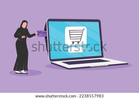 Graphic flat design drawing beauty Arabian woman inserting credit card into big laptop screen with shopping cart inside. E-commerce, digital payment and online store. Cartoon style vector illustration