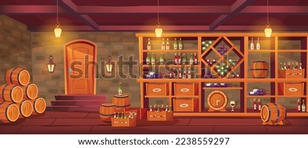 Wine cellar. Cozy vintage interior interior with wine bottles and wooden barrels of shelves. Winemaking cartoon vector background of wine cellar alcohol illustration Royalty-Free Stock Photo #2238559297
